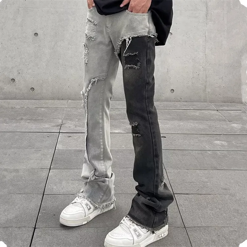 

Mens Black Patch Stitch Denim Pants Autumn New Distressed Design Ripped Jeans Hip Hop Vintage Hole Jeans Man Pantalones Hombre