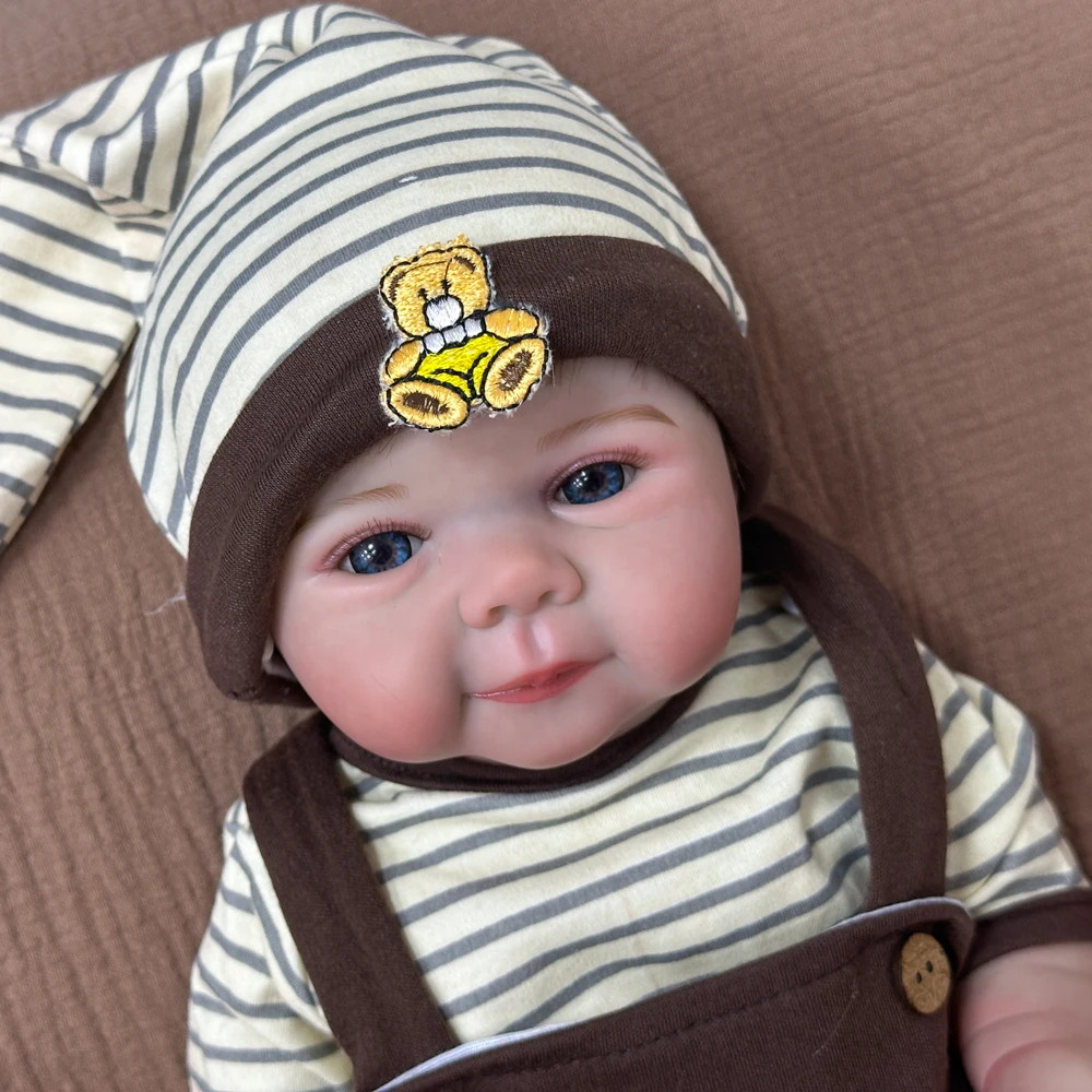 20 Inch Vinyl Reborn Baby Doll, Rare Edition, Cartoon Suspender Outfit & Hat, Colored Eyes, Exquisite Facial Features,