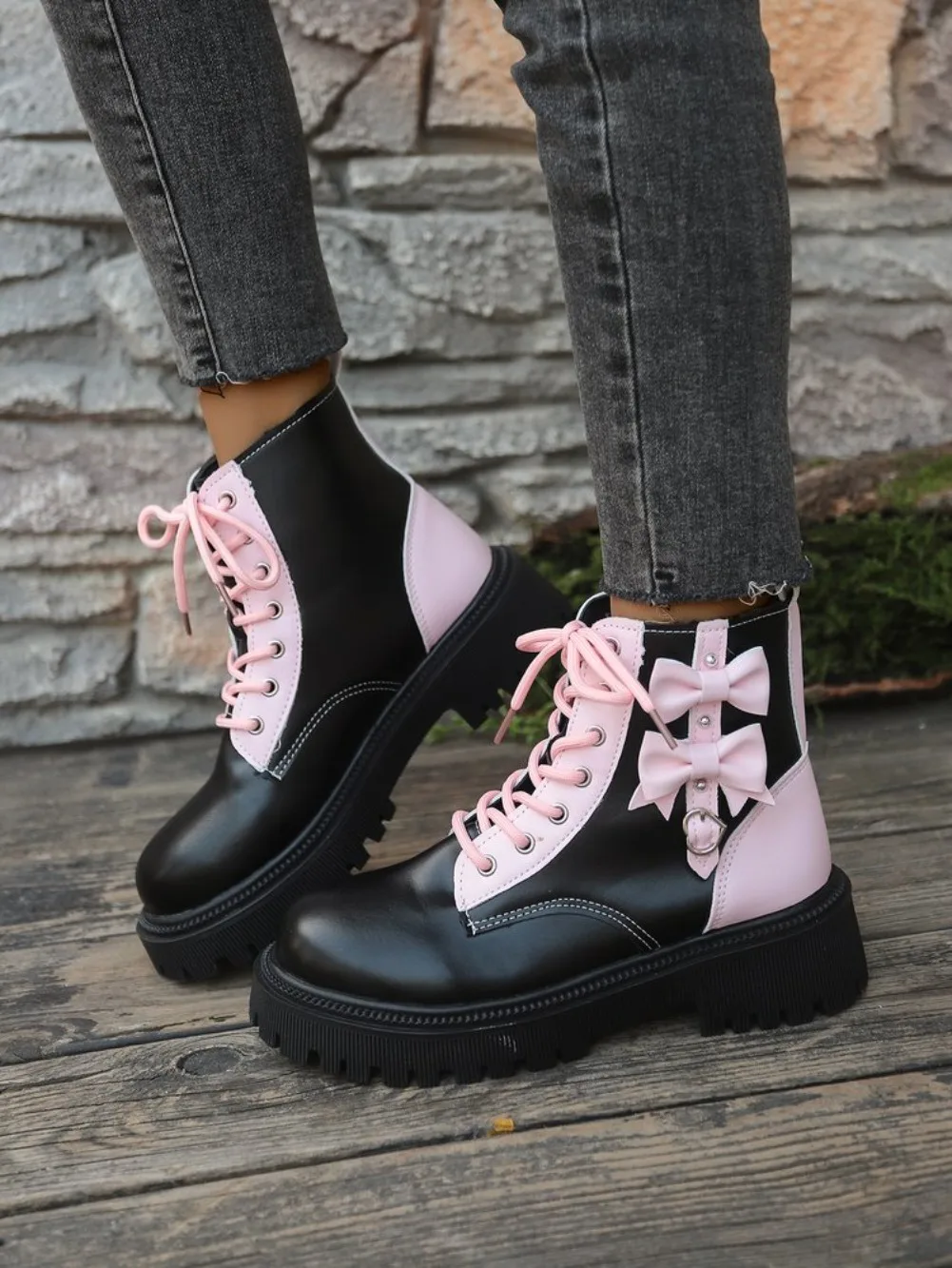 Süße Rosa Schleifenknoten-Stiefeletten in Mischfarben für Damen, Herbst 2026, mit Dicker Sohle, Schnürung, Candy-Punk-Stil und Metalldekoration, Größe 42 – Detail 28