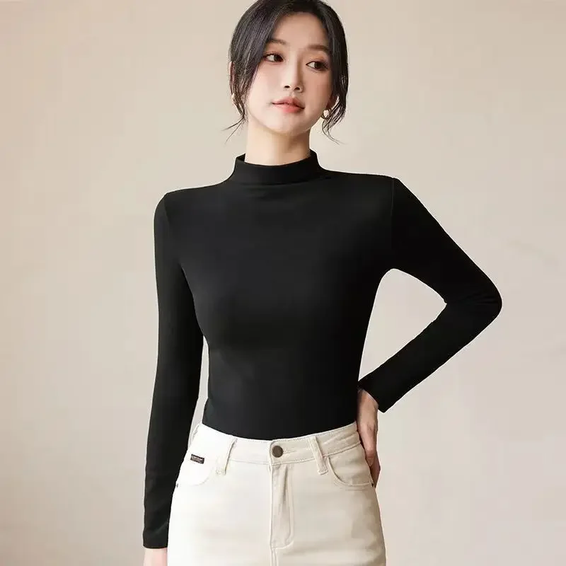 New Spring Autumn Women's Clothing Half-Polo/Turtle Neck Base Layer Top Slimming Long Sleeve T-Shirt Versatile Fashionable Women