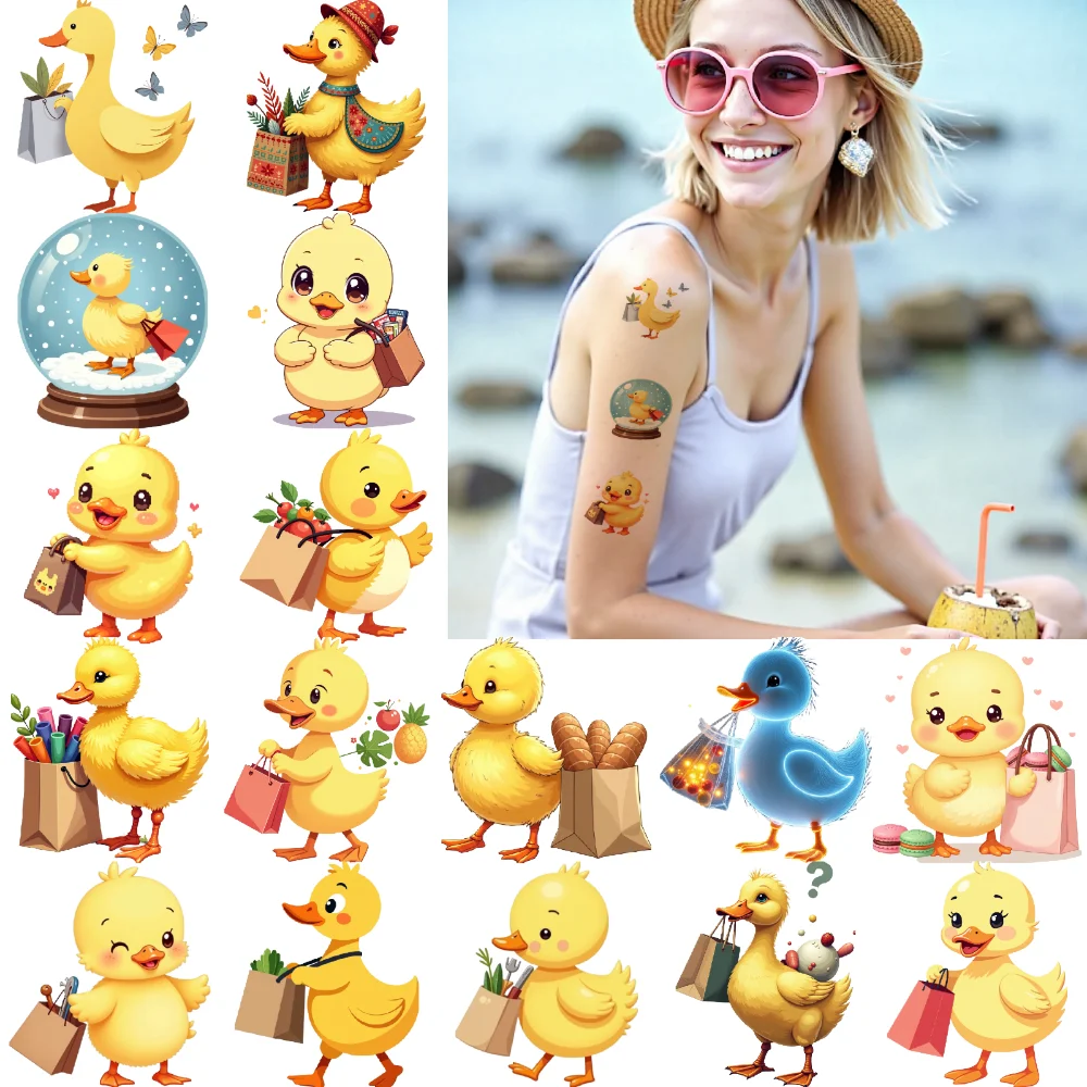 28pcs Cute Rubber Duck Semi Permanent Tattoo Stickers for Kids Boys Girls Waterproof Disposable Water Transfer Printing Stickers
