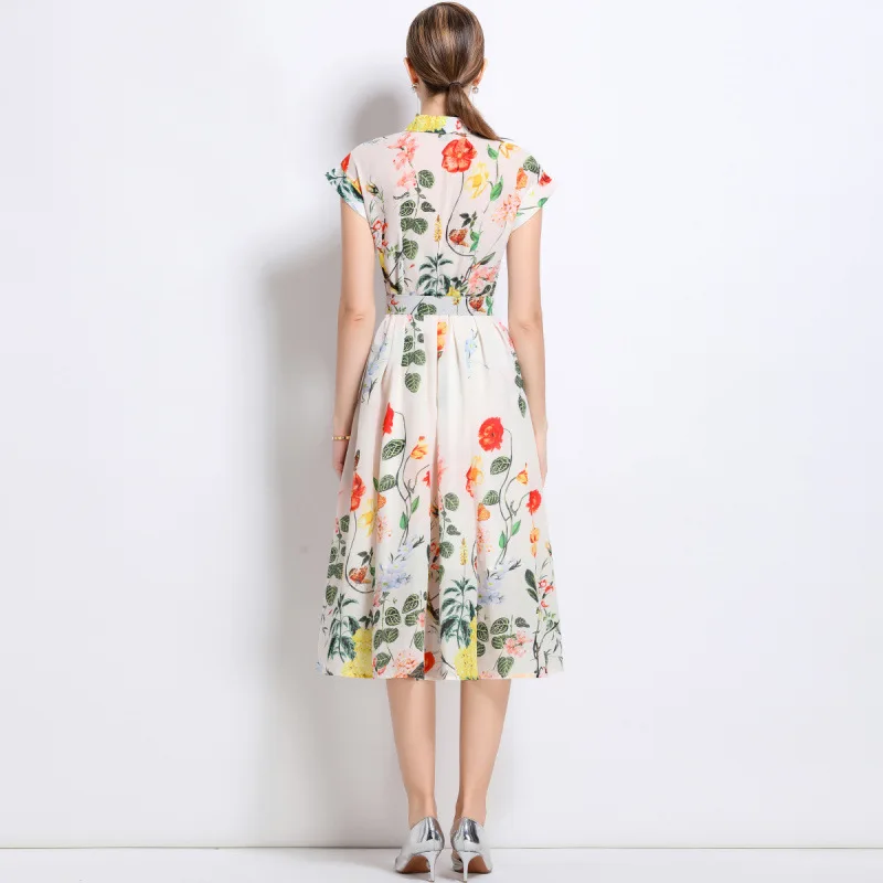 Summer 2025  Collar Printed ort Sve Midi Dr High Waist Thi Material Women's Faion  Ne irt Dr