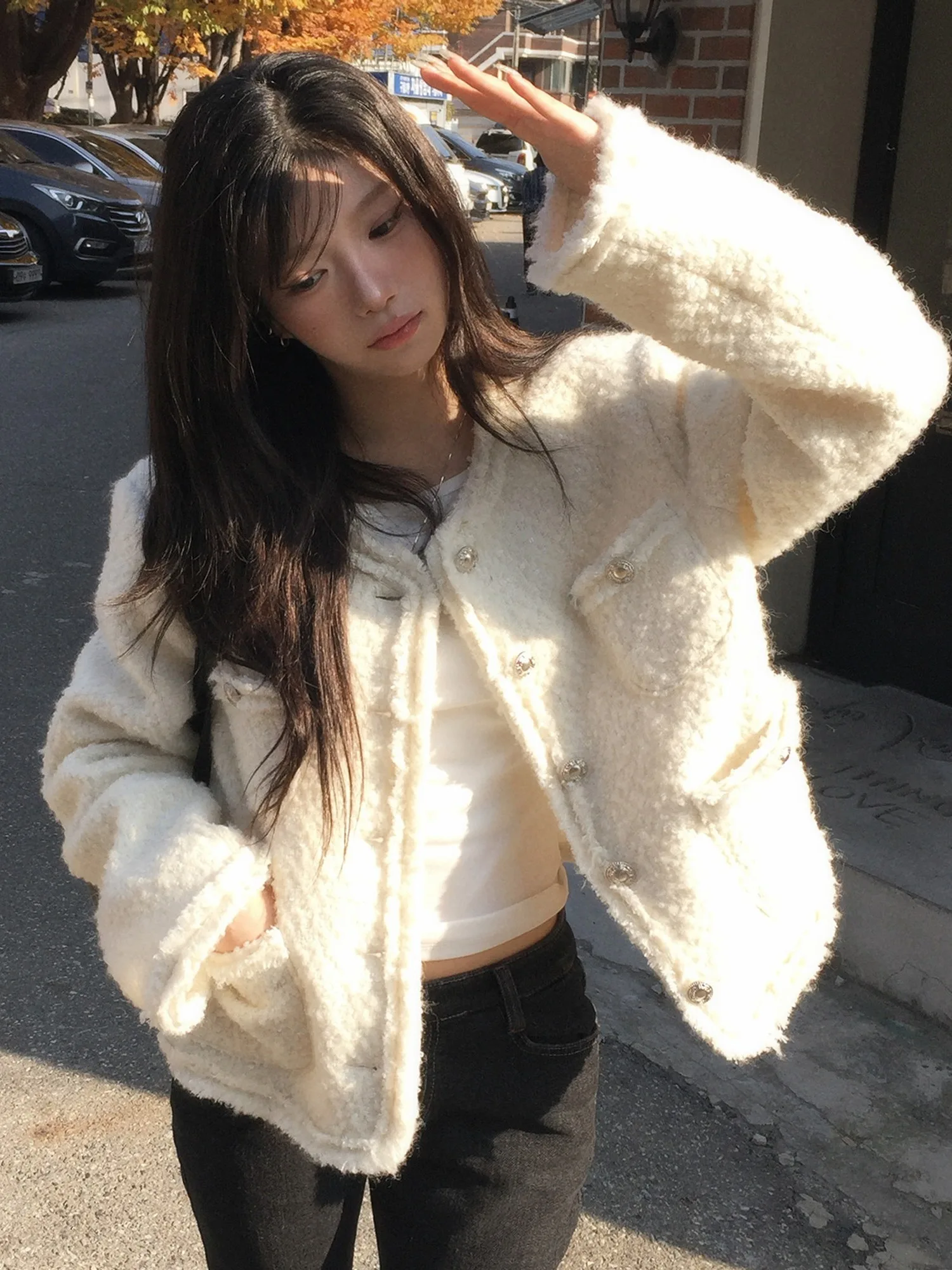 

Ele корейское пальто Sle ort, женское круглое пальто на одной пуговице, теплая верхняя одежда из шерстяного материала Fem Top