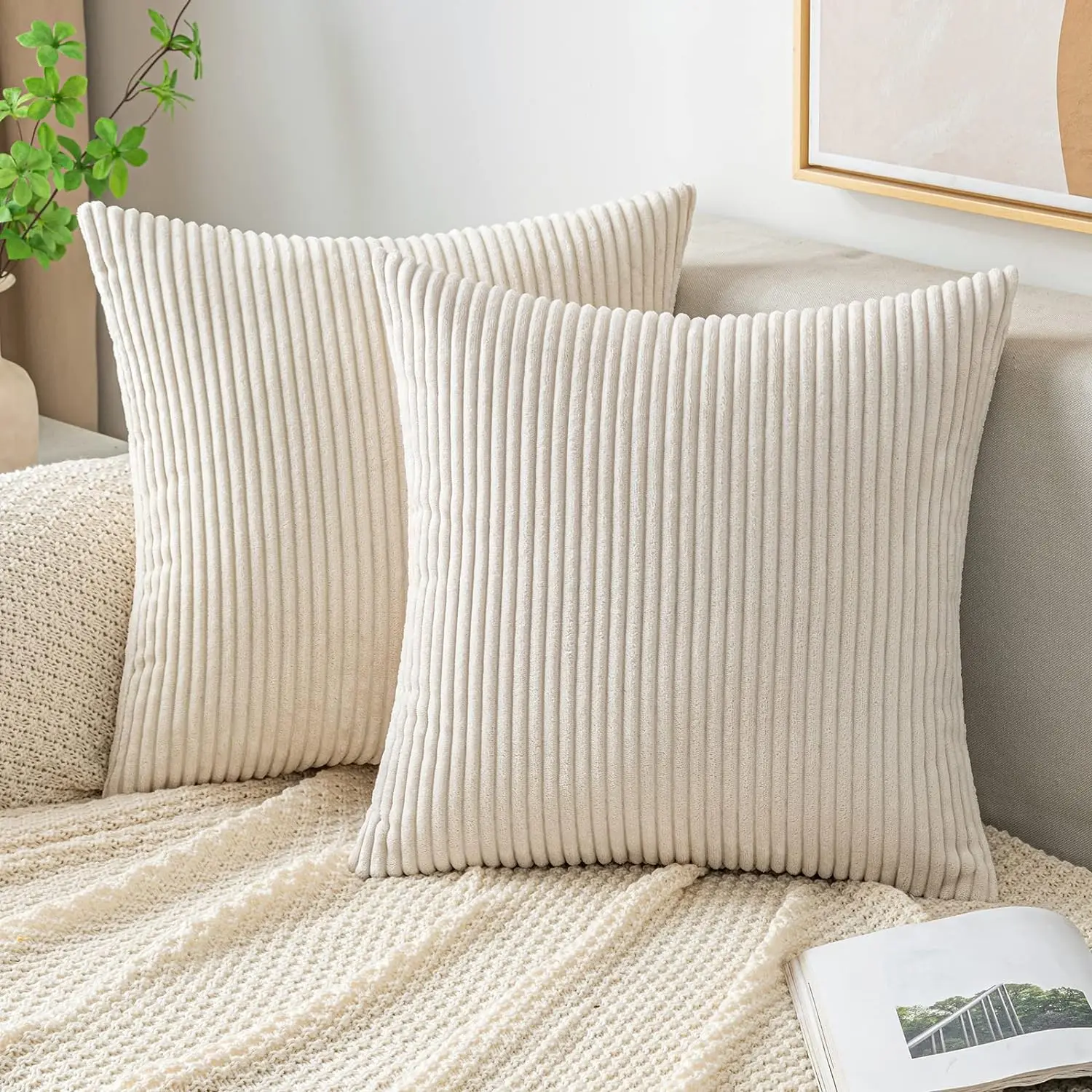 

Throw Pillow Covers Corduroy Decorative Soft Striped Cushion Covers Spring Pillowcases for Couch Sofa Bedroom 18x18 Inch Beige