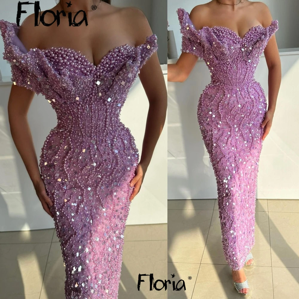 African Evening Dresses Pearls 2025 Customize Mermaid Ankle Length Beads Party Gowns Robe Light Purple Prom Dress Cocktail Dress