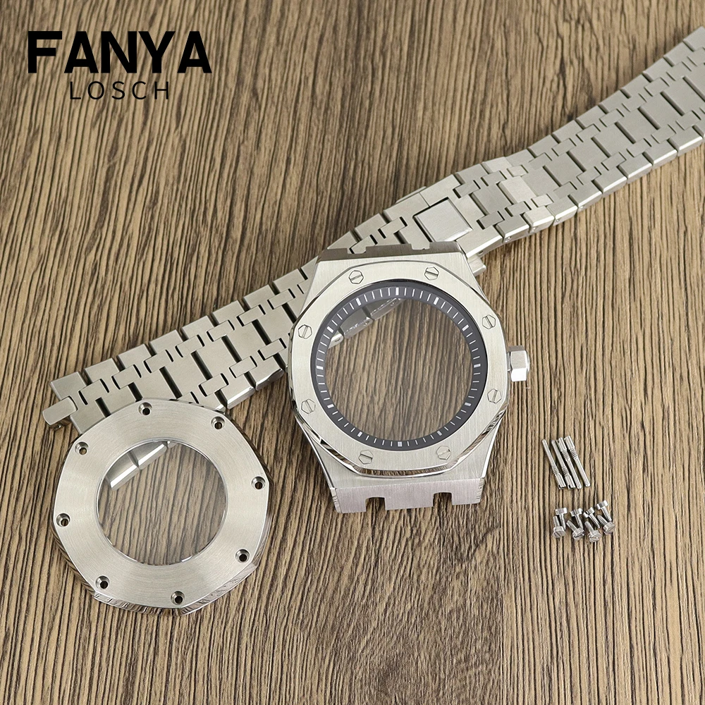 For Stainless Steel Brushed 41mm Octagon Watch Case Bracelet Glass Back Chapter Ring Sapphire Glass Fit NH35 NH36 Automatic Movt