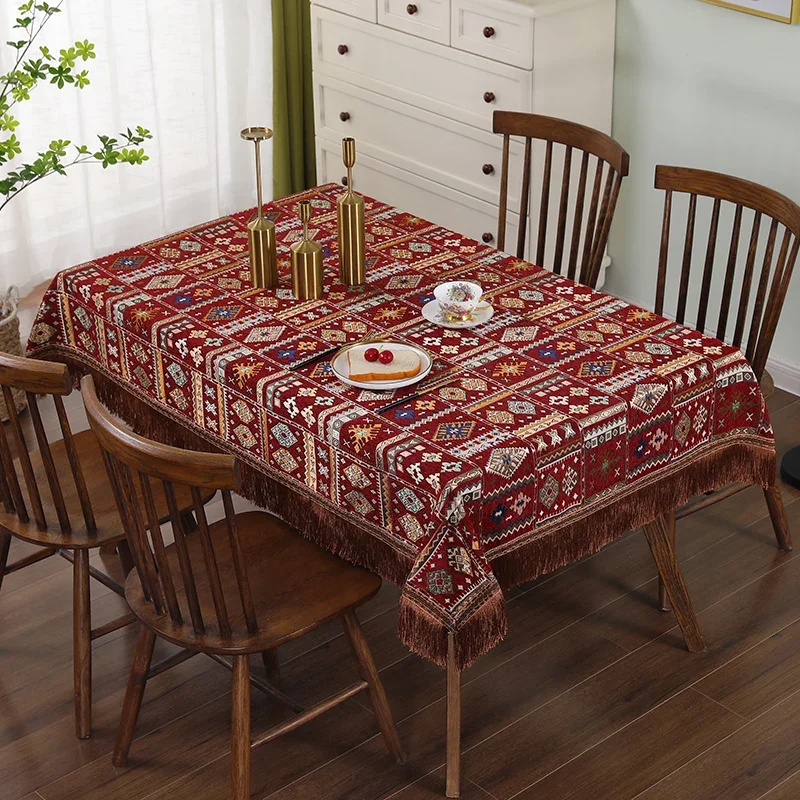 

American Style Chenille Tablecloth Retro Ethnic Minority Style Embroidery Rectangular Table Clothes Geometry Classical Deskcover