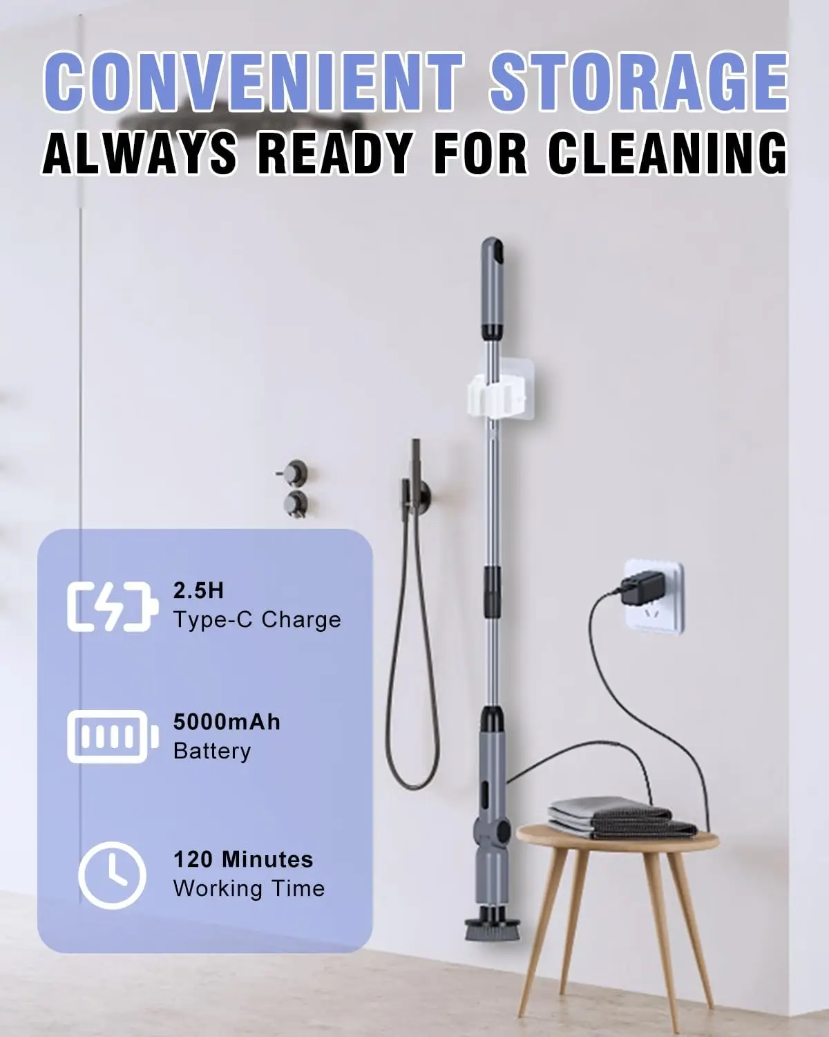 منظف دوار كهربائي، مقاوم للماء IPX7، عزم دوران 50 كجم، 9 رؤوس فرشاة، سرعتان، 4 زوايا، لبلاط أرضية الحمام (رمادي) #6