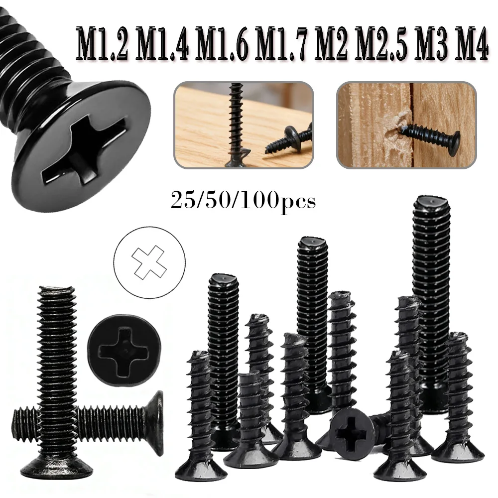 25/50/100 قطعة M1.2 M1.4 M1.6 M1.7 M2 M2.5 M3 M4 صغير صغير أسود الكربون الصلب الصليب فيليبس شقة رئيس غاطسة مسمار لولبي الرأس