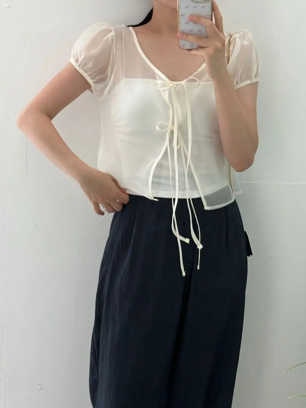 Chic Women's  Open Cardigan Top Bubble Sleeve Loose  Knot Belted Sweet See-through Layering Cover-up