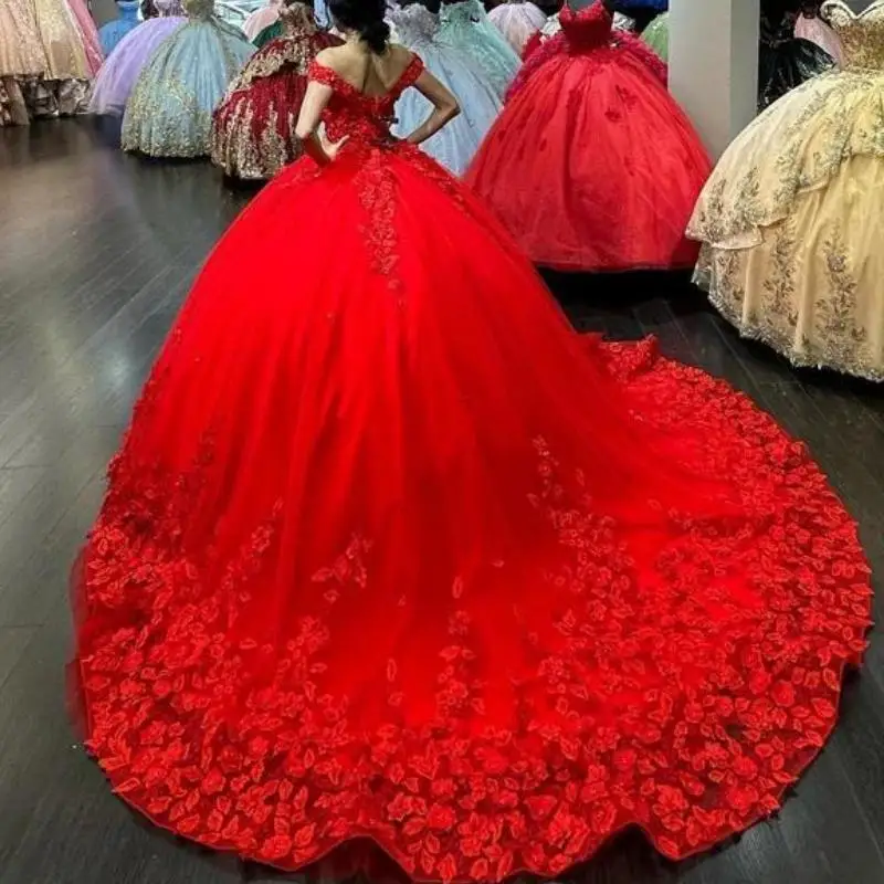 

Luxury Red Flower Sweet 15 Girl Quinceanera Dresses Off Shoulder Corset Ball Gown Sweep Train Vestido De Noiva Prom Party Gown