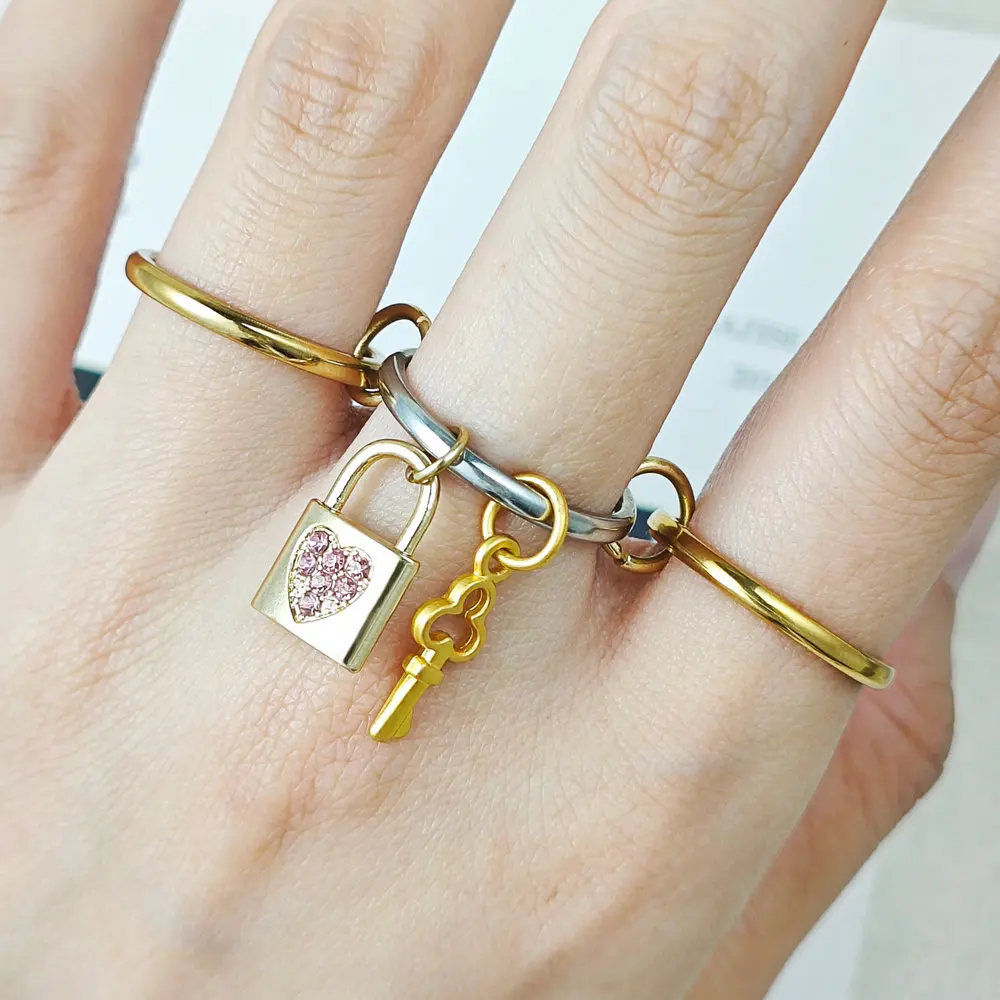 Edelstahl Spinelli Kilcollin Ring Schloss Schlüssel Charms INS Mode Stapelbare Ringe Set Gold Farbe Handgemachte Anhänger Schmuck Geschenk – Detail 8