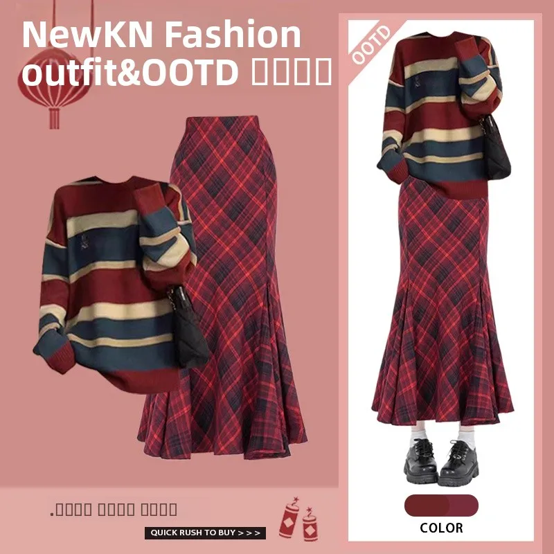 

Winter New Year Women's Faion Knitted Set High Waist Skirt Red Stripe Sweater Two-Piece Ensemble Long Sve round Ne