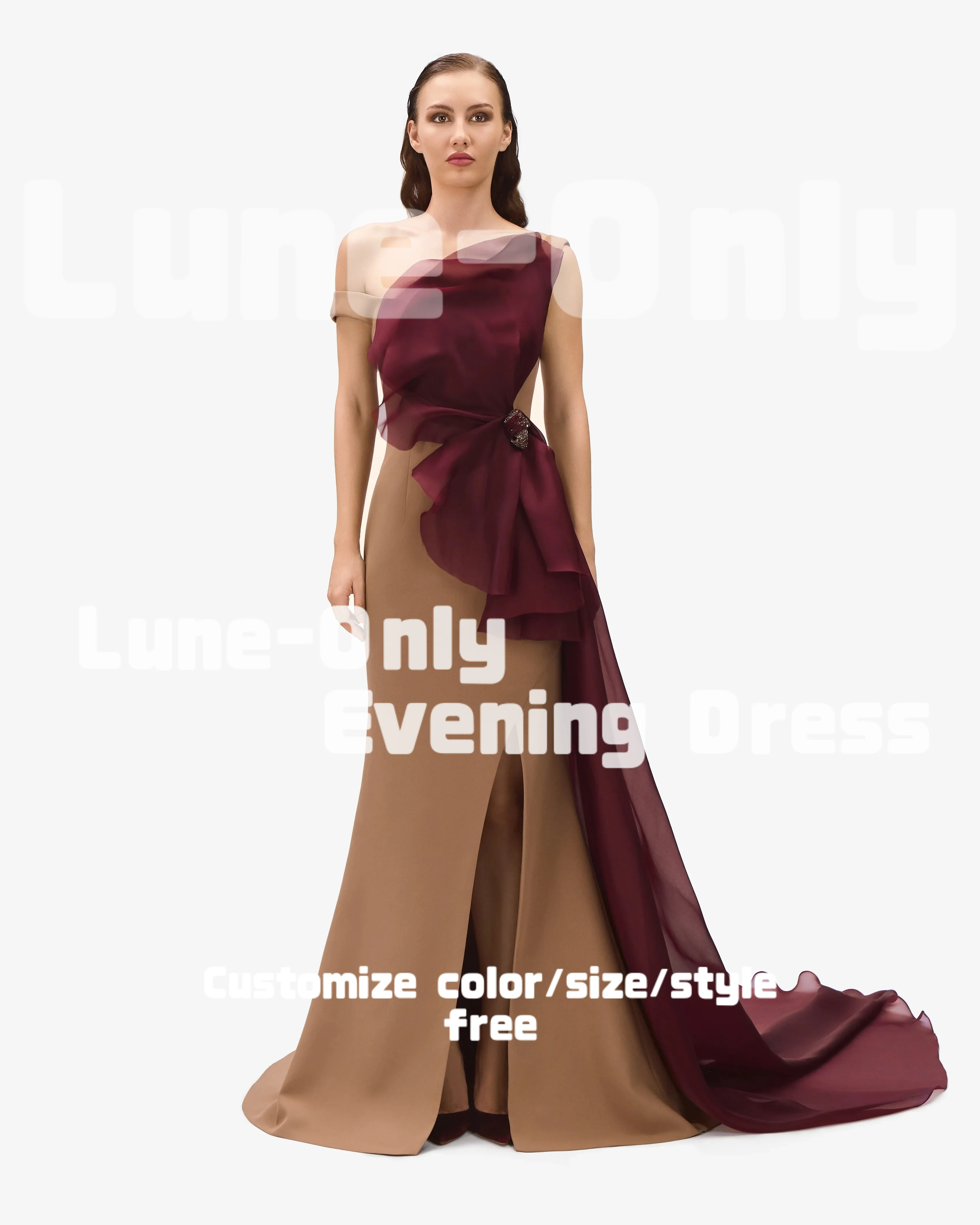 カスタマイズされたブルゴーニュオフショルダーエレガントな女性のイブニングドレスフォーマルな機会のためのオーガンザフリルウエディングドレスパーティードレス