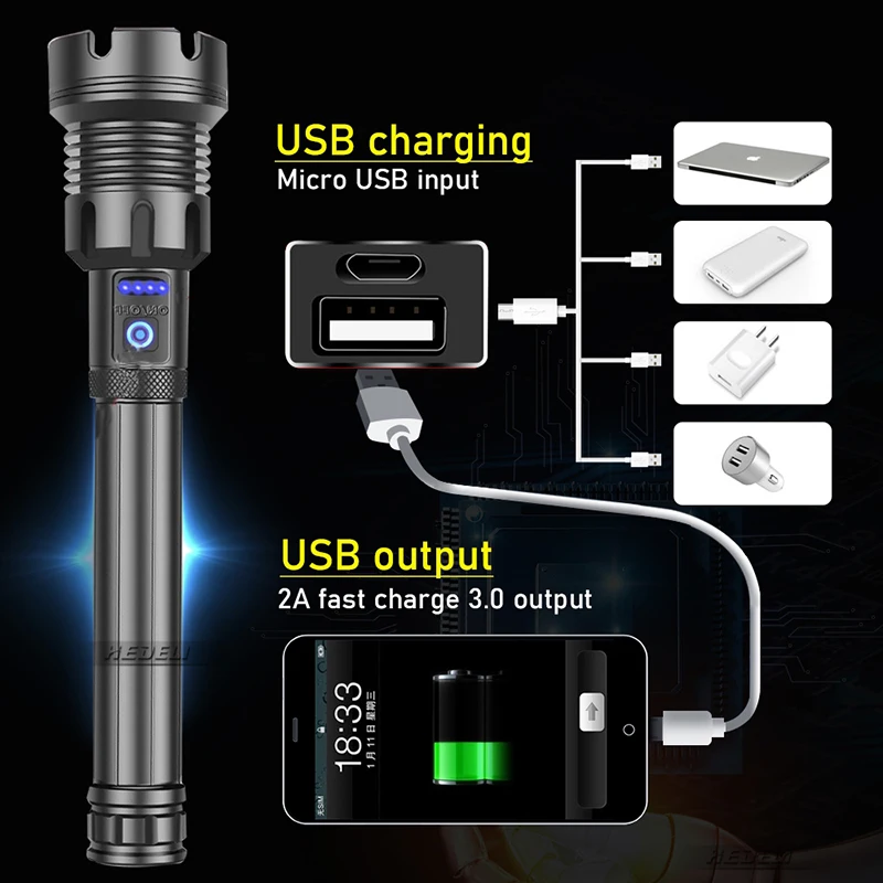 Most Powerful High Lumen LED Flashlight USB Rechargeable Tactical Torch Outdoor Waterproof Zoomable Camping Hunting COB Lantern