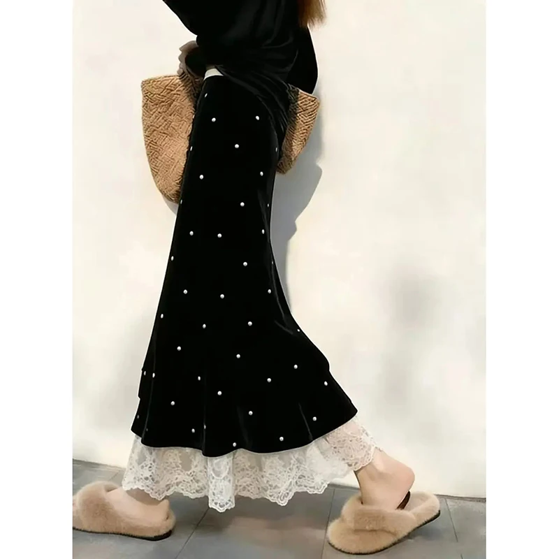 Women Skirt Korean Velvet Mermaid Skirt Pearl Beaded Lace Spliced High Waist Flared Maxi Skirt Elegant Office Coquette Bottom