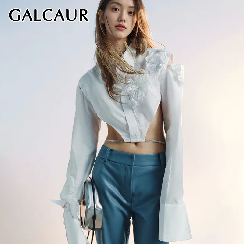 

GALCAUR Spliced Lace Up Shirts For Women Lapel Long Sleeve Backless Irregular Hollow Out Minimalist Fashion Shirts Female New