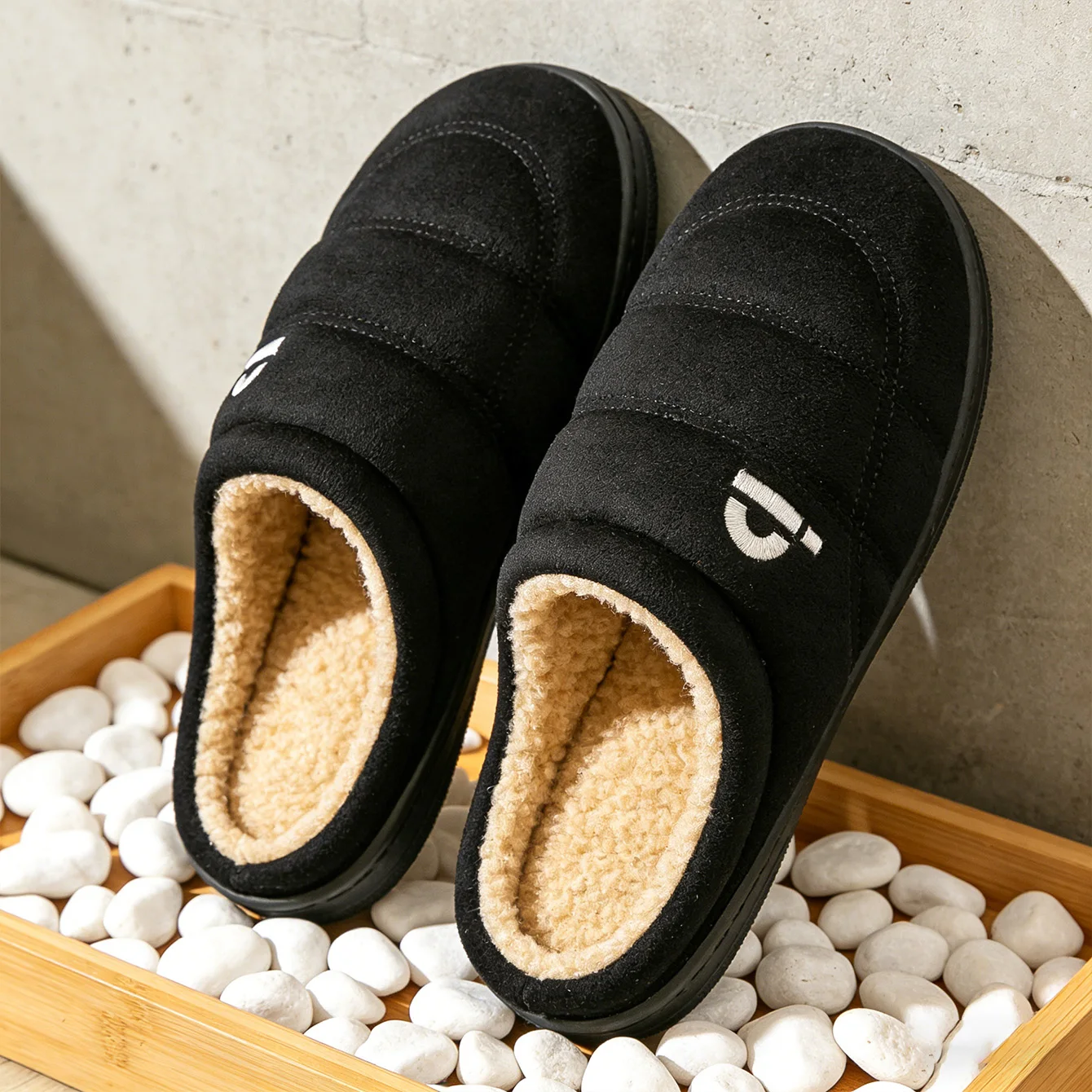 

Men's Suede Winter House Slippers with Memory Foam - Non-Slip TPR Sole, Ultra Warm & Comfortable Stripe Design