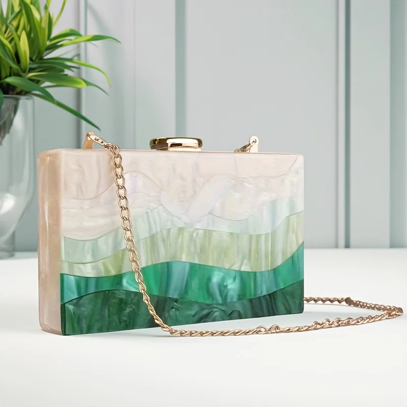 

Female Pro Girl Mini Wave Striped Acrylic Box Clutch Handbag for Women Small Evening Purse Bridal Wedding Metal Flap Clutch Bag