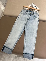 Spring Autumn B*C Women's Cotton Jeans Straight Bead Chain Small Leg Pants Casual Thin Jeans For Women Pants