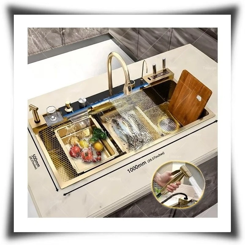 Fregadero De Cocina conjunto completo cascada dorada 100x50cm fregadero De Cocina grande inteligente De acero inoxidable con grifo extraíble para hoteles