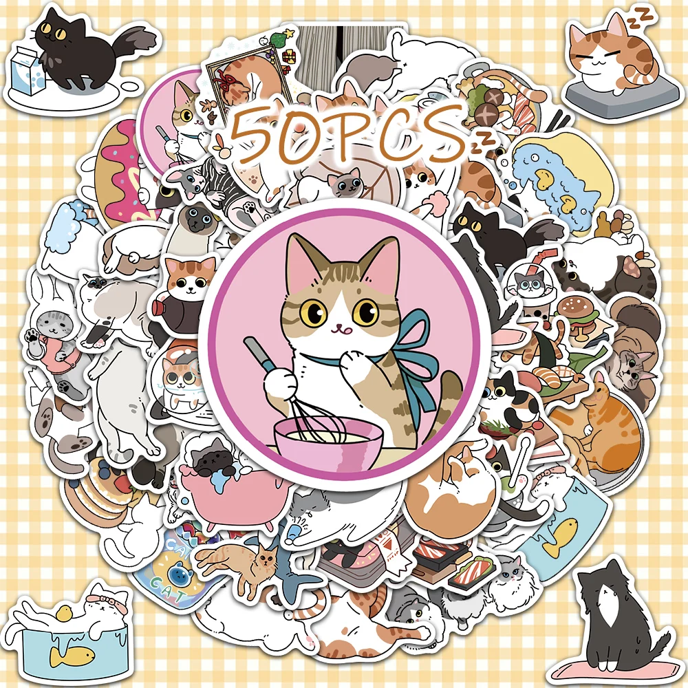 

50pcs cat and food cartoon decorative stickers for New Year gift party decals Back to school laptop cellphone case skateboard