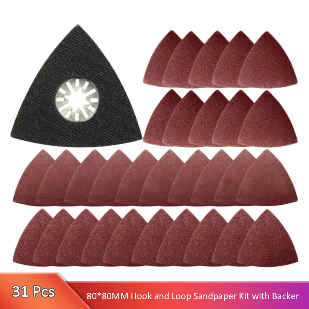 31Pcs Grinding Triangle Oscillating Sandpaper Set With Triangle  Sanding Pad Hook Loop 80/ 120/ 180/ 240/ 320/ 40 Grit For Mult