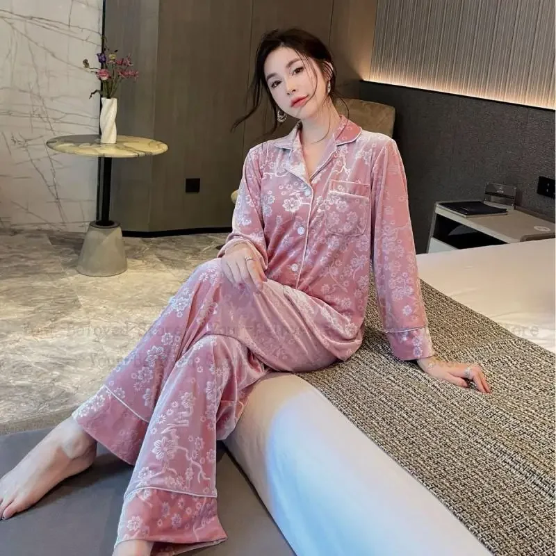 Winter Women\'s Pajamas Pink Jacquard Flower Velour Nightwear Long Sleeve Top&pants 2Pcs Loose Home Clothes Lady Nightwear