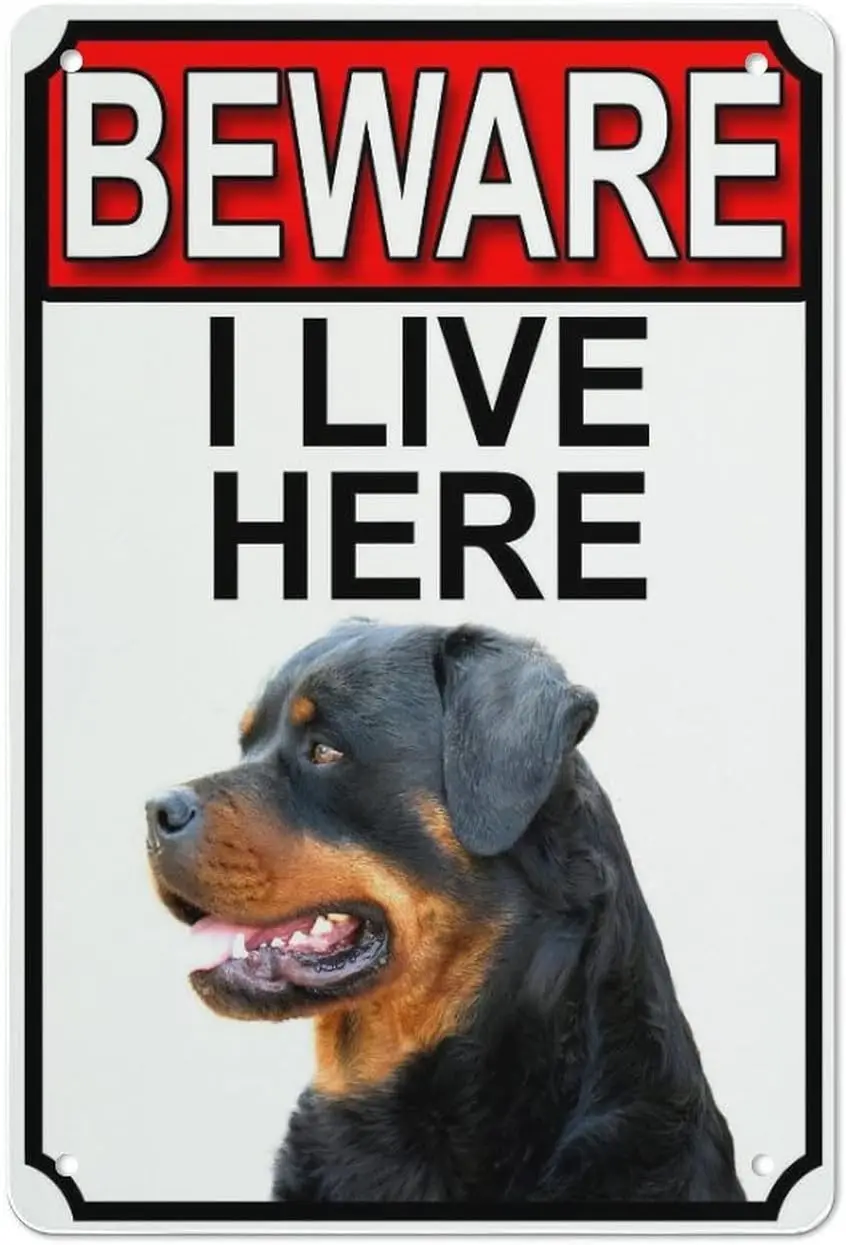 Vintage Tin Sign Art Dog Metal Poster Rottweiler Dog Breed Gate Metal Tin Signs Beware I Live Here Funny Poster Retro Metal Logo