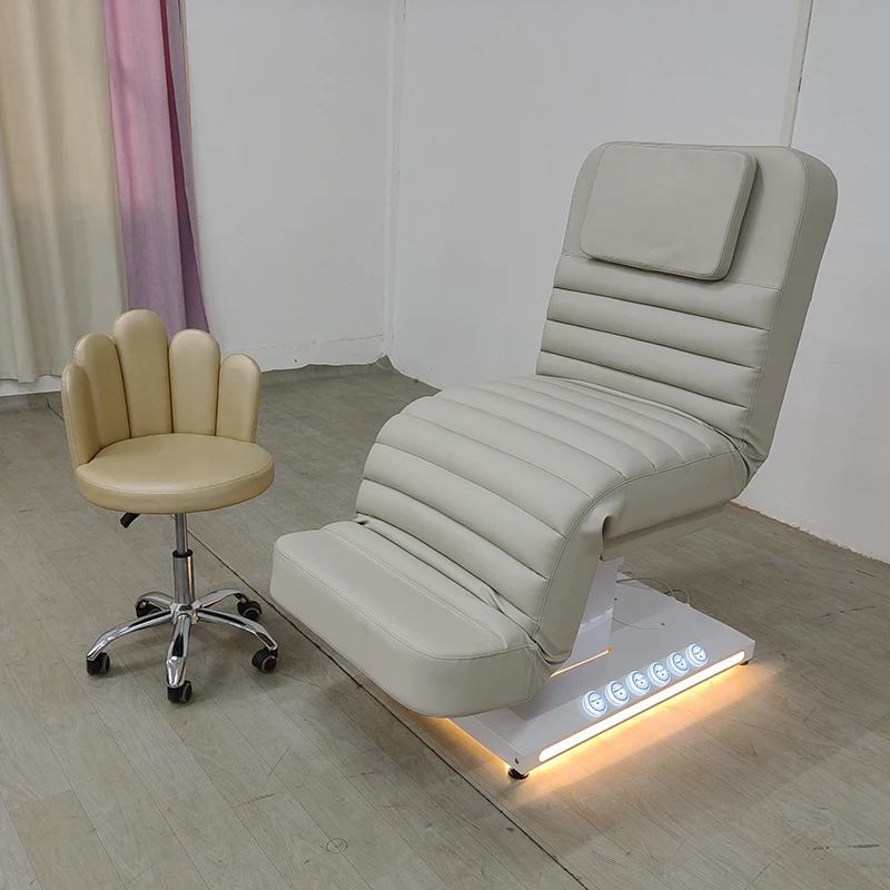 Modern White Base Leather Massage Table Spa Bed 3 Motors Electric Spa Cosmetic Facial Bed With Led Lights