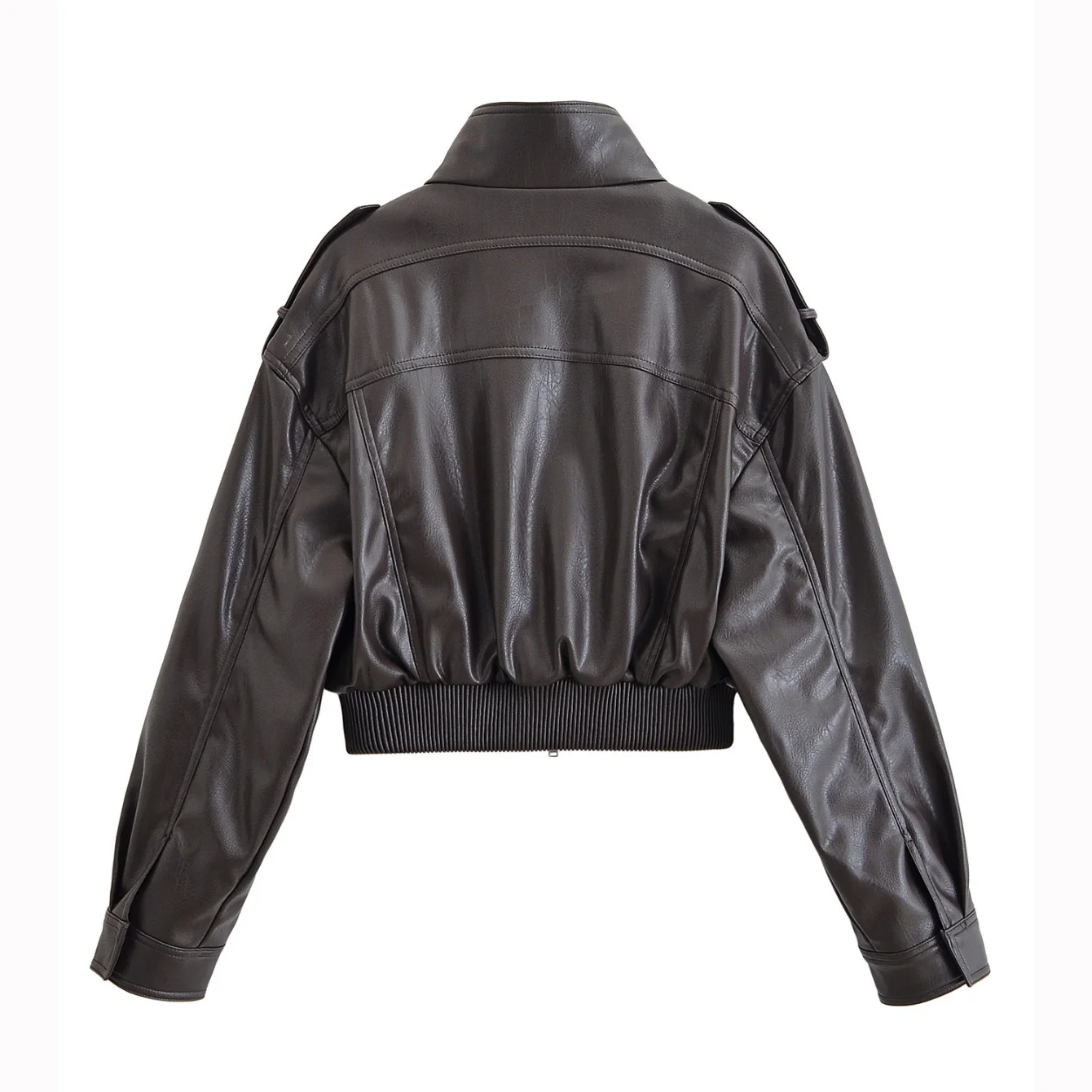 Women Autumn Winter Vintage Faux Leather Jackets Coat Pockets Loose Stand Collar Long Sleeve Zipper Coat Lady Chic Jacket