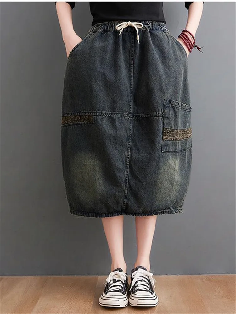 

Spring Summer Patchwork Vintage Denim Skirt Women Clothes Elastic Waist Midi Skirt 2023 Korean Style Loose A-line Skirts Faldas
