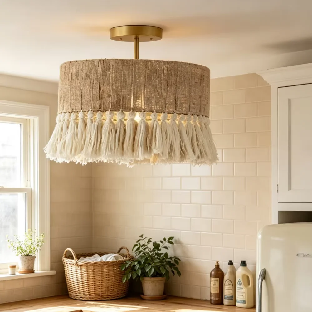 16'' Semi Flush Mount Ceiling Lights Boho Ceiling Lamp Coastal Hemp Rope Ceiling Light For Bedroom Kitchen Living Room Decor