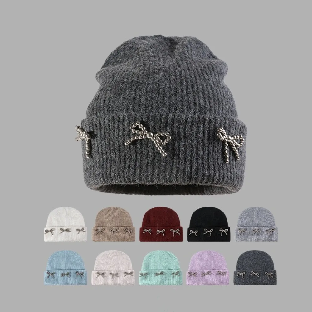 Fashion Beaded Bow Knitted Hat Keep Warm Thick Warm Hats Windproof Beanie Cap Ladies