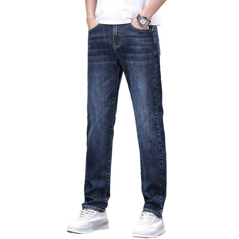 

Мужские деловые джинсы из денима, новые весенние однотонные брюки приталенного кроя из смесового хлопка, повседневные брюки, модная уличная одежда, городской стиль