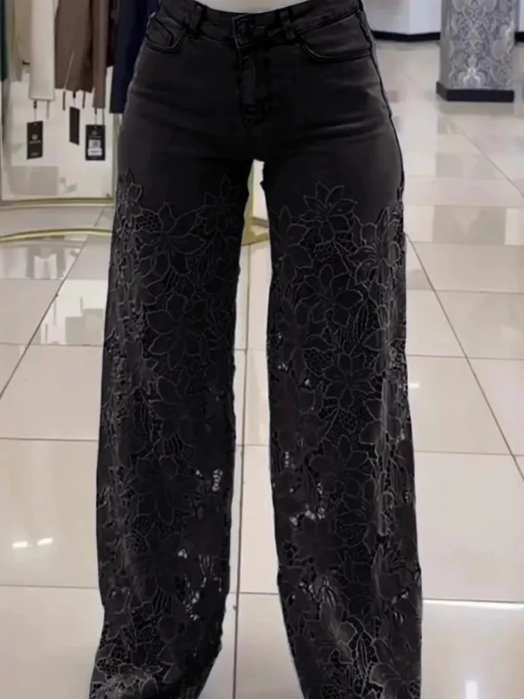 Hollow Out Flower Patchwork Jeans Women Fashion Temperament All-match Solid Color Straight Denim Trousers Female Streetwear New