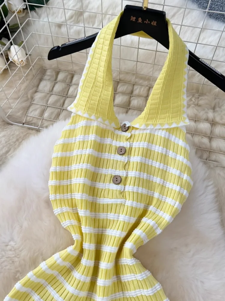 Korejepo Yellow Stripe Dresses Sexy Neck Hanging Sleeveless Dress Women Summer Thin Elastic Tight Contrast Knitted Short Vestido