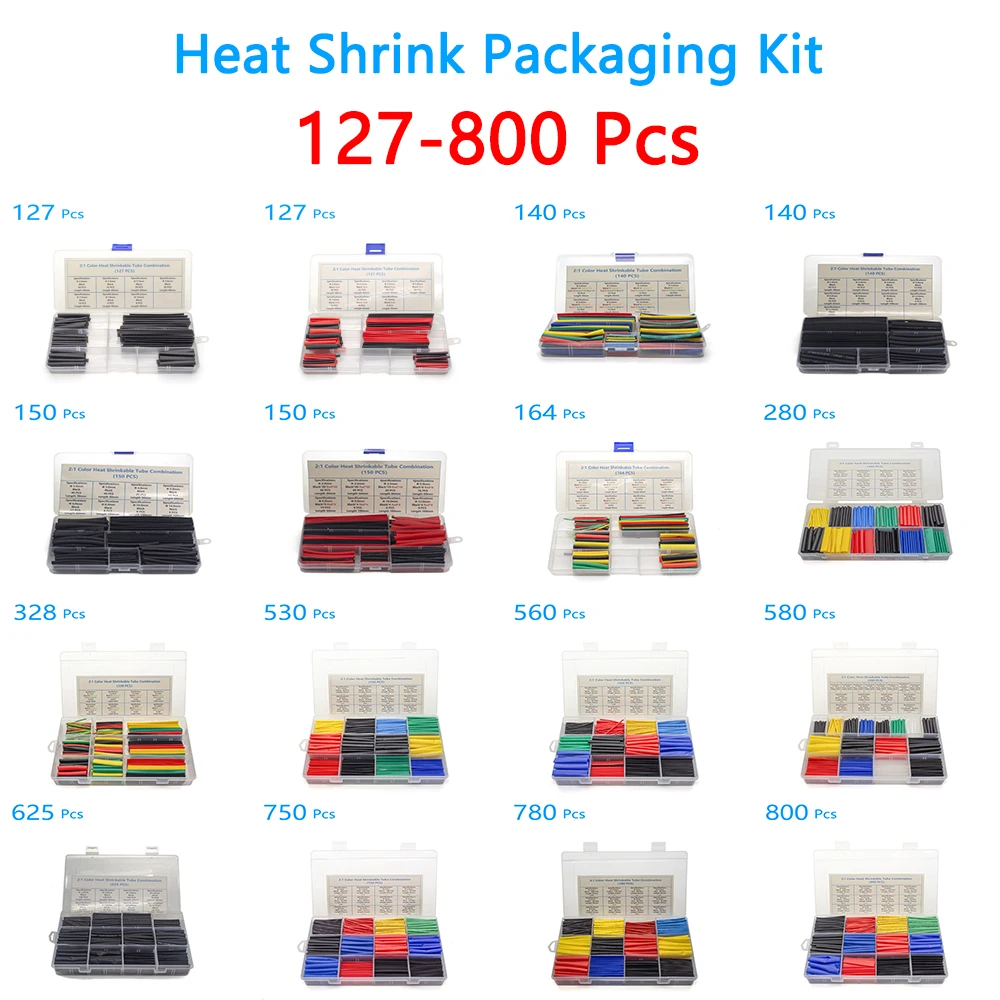 127-800 Pcs Boxed Heat Resistant Tubing Heat Shrinkable Tubing Heat Shrink Packaging Kit Electrical Connection Cable Protection