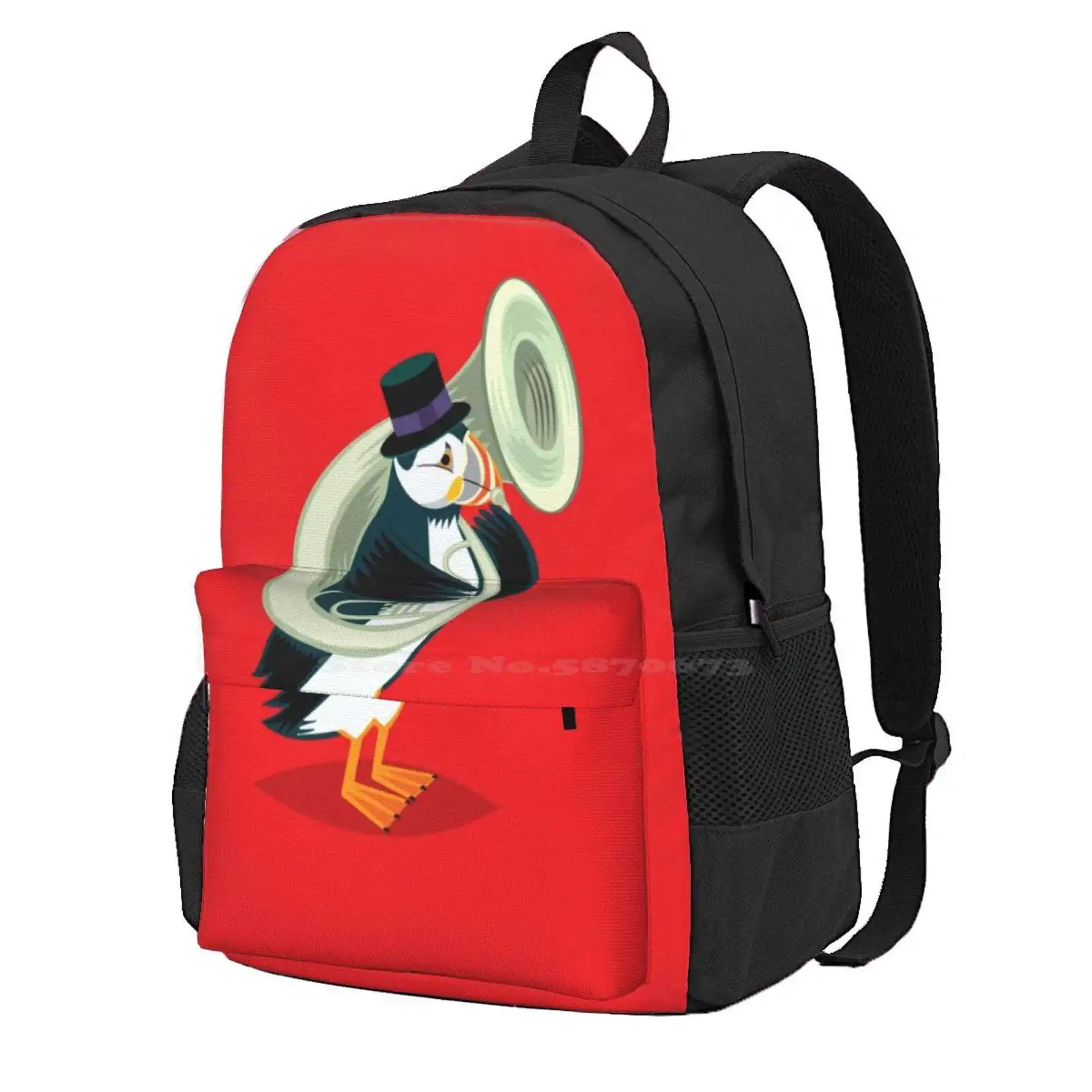 Puffin On A Tuba Hot Sale Schoolbag Backpack Fashion Bags Tuba Animals Cute Red Funny Music Penguin Puffins Childrens Kids