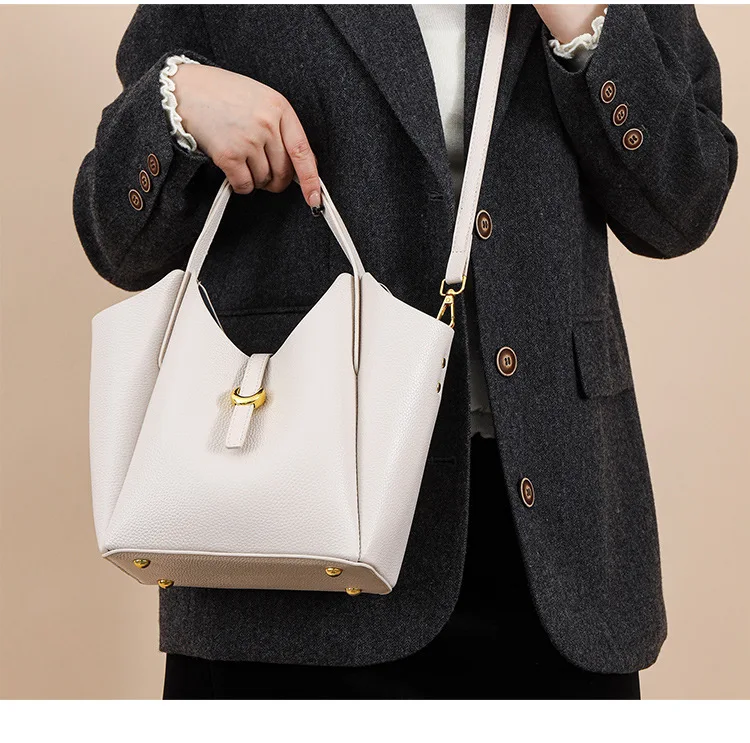

Summer 2025 Women's Genuine Leather Bucket Bag Pebbled Texture Crossbody Shoulder Handbag Fashion Tote Purse
