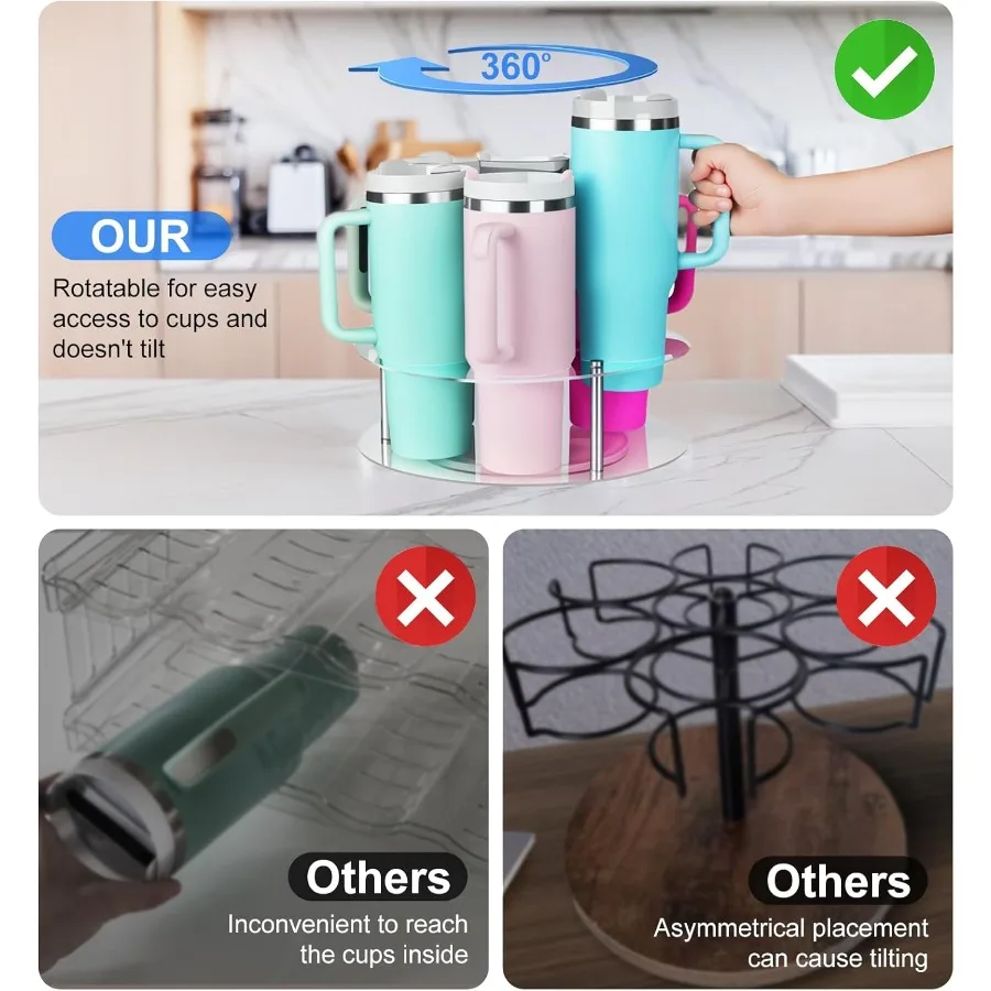 منظم زجاجات المياه لكوب ستانلي 40 أونصة مع مقبض حامل أكواب قابل للدوران منظم 7 فتحات حامل بهلوان أكريليك Kitc #5