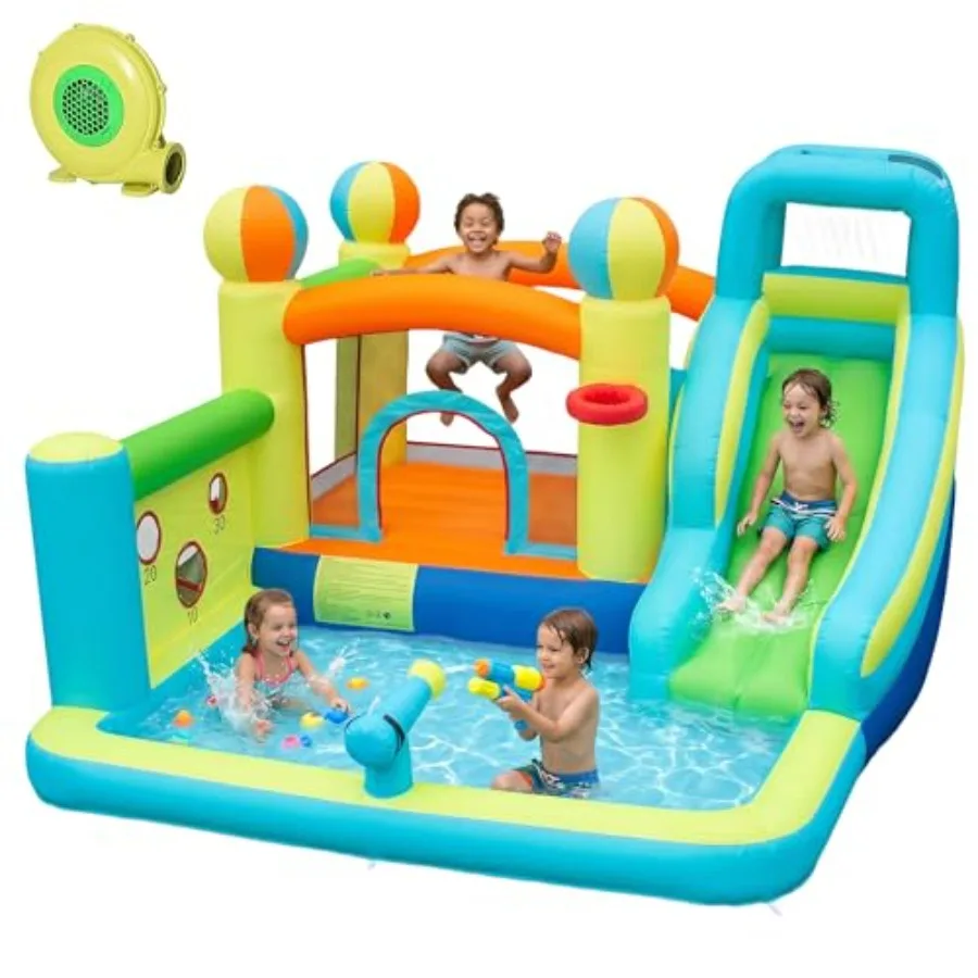 Outdoor Backyard Inflatable Water Slide Park with Splash Pool Climbing Wall Bounce House and Ball Shooting for PVC Material Blu