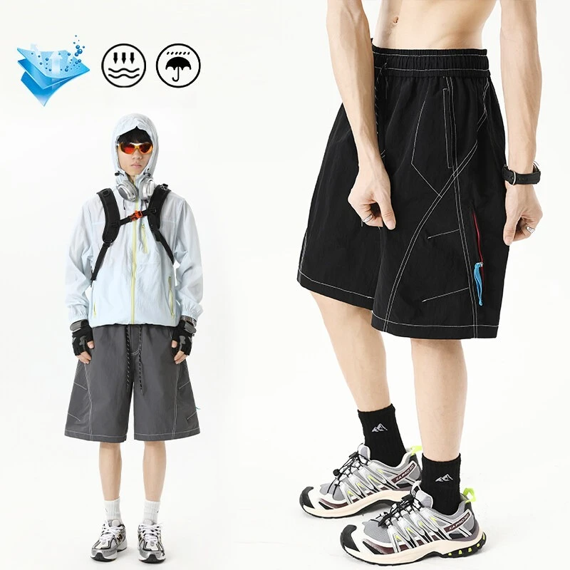 

Мужские крутые дышащие шорты из ледяного шелка | Быстросохнущие шорты для отдыха на открытом воздухе из мятой технической ткани с эластичной резинкой на талии