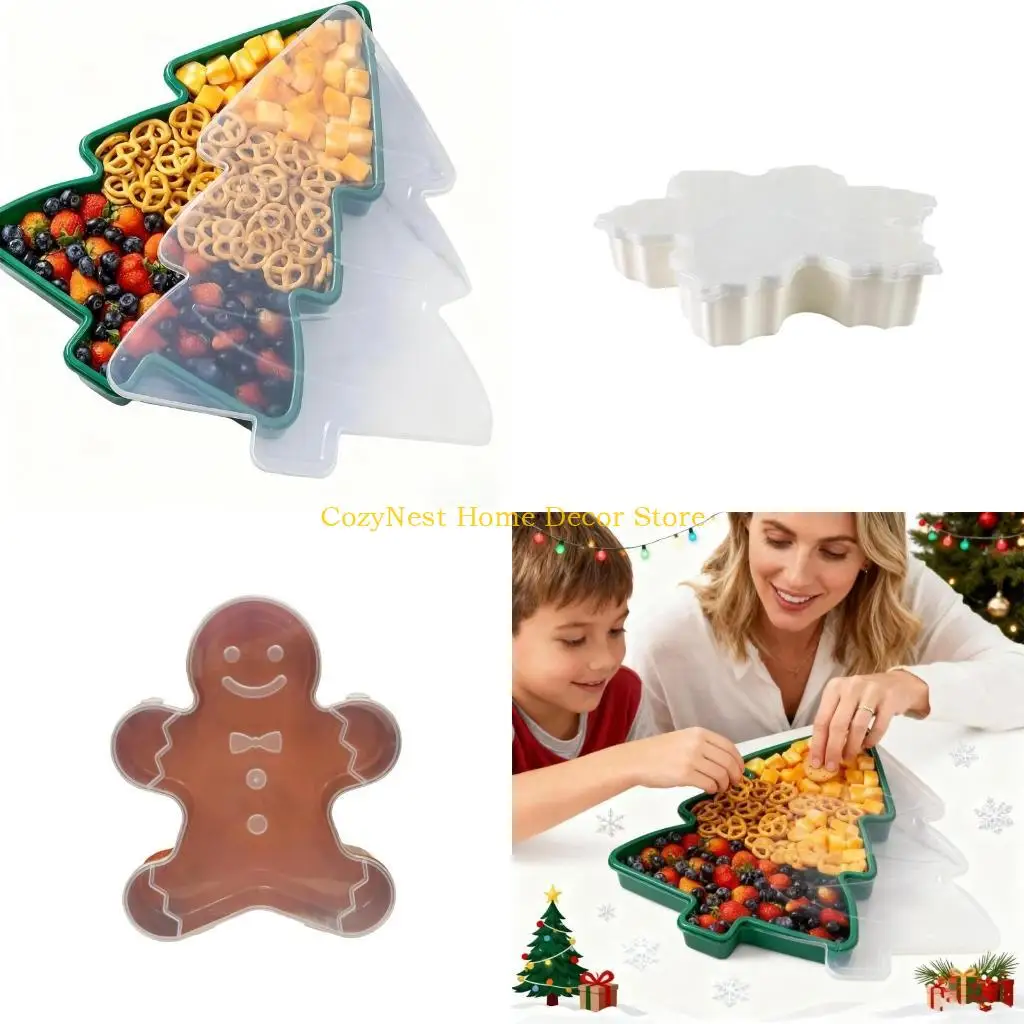 92MF Christmas Serving Tray & Festive Christmas Biscuit Storage with Lid Holiday Snowflake Tree Character Container for Snacks