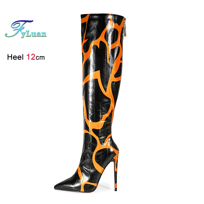 

Women Pointed Boots Autumn Winter Rear zipper Striped Pattern Knee-high boots 12CM Thin Heel Europe and America Large Size Shoes