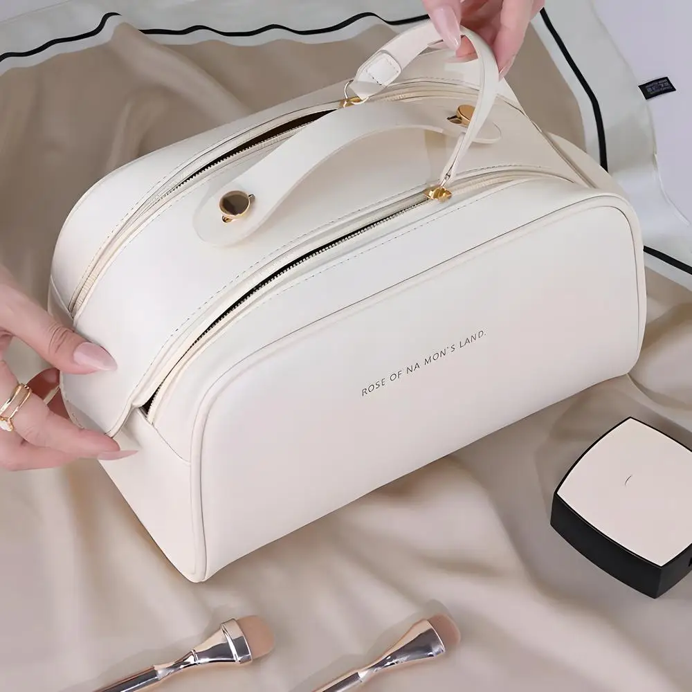 

Solid Color Cosmetic Bag Double Zipper Soft Touch Makeup Bags Large Capacity Portable Travel Supplies Toiletries Storage Bag