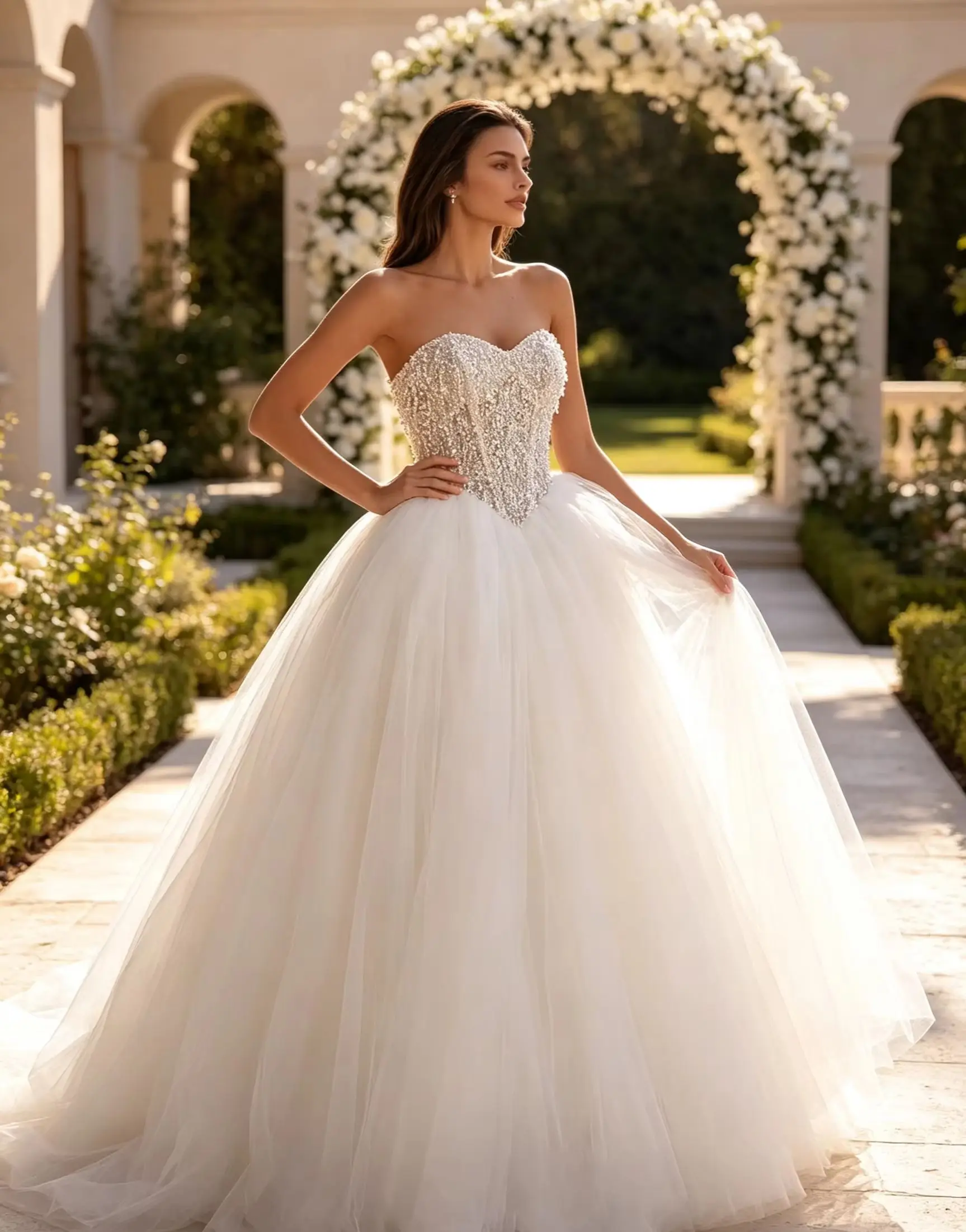 Customized Sparkle Sleeveless Sweetheart Neck Open Back Ball Gown Sweep Train Wedding Dresses Beading Draped Fold Bridal Gowns