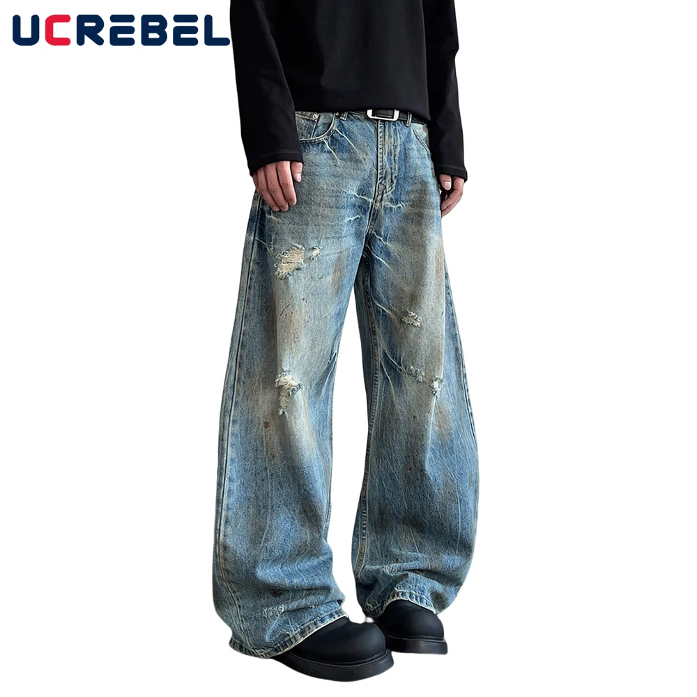

Splash Ink Ripped Dirty Wash Jeans Mens Scratch High Street Washed Distressed Denim Curved Blade Pants Men