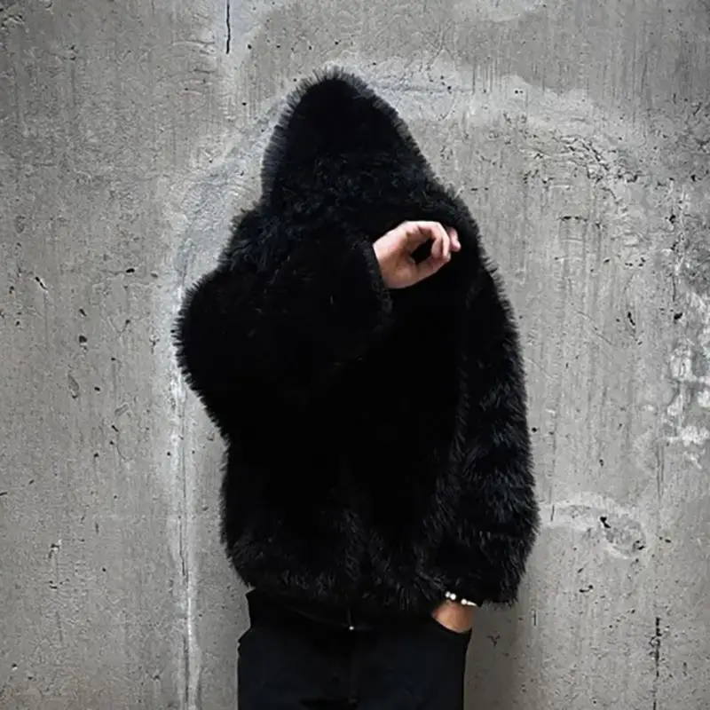 Y2k Men Punk Gothic Hip Hop Graphic Solid Color Faux Fur Collar Hoodies Clothes Casual Harajuku Fashion Aesthetic Streetwear