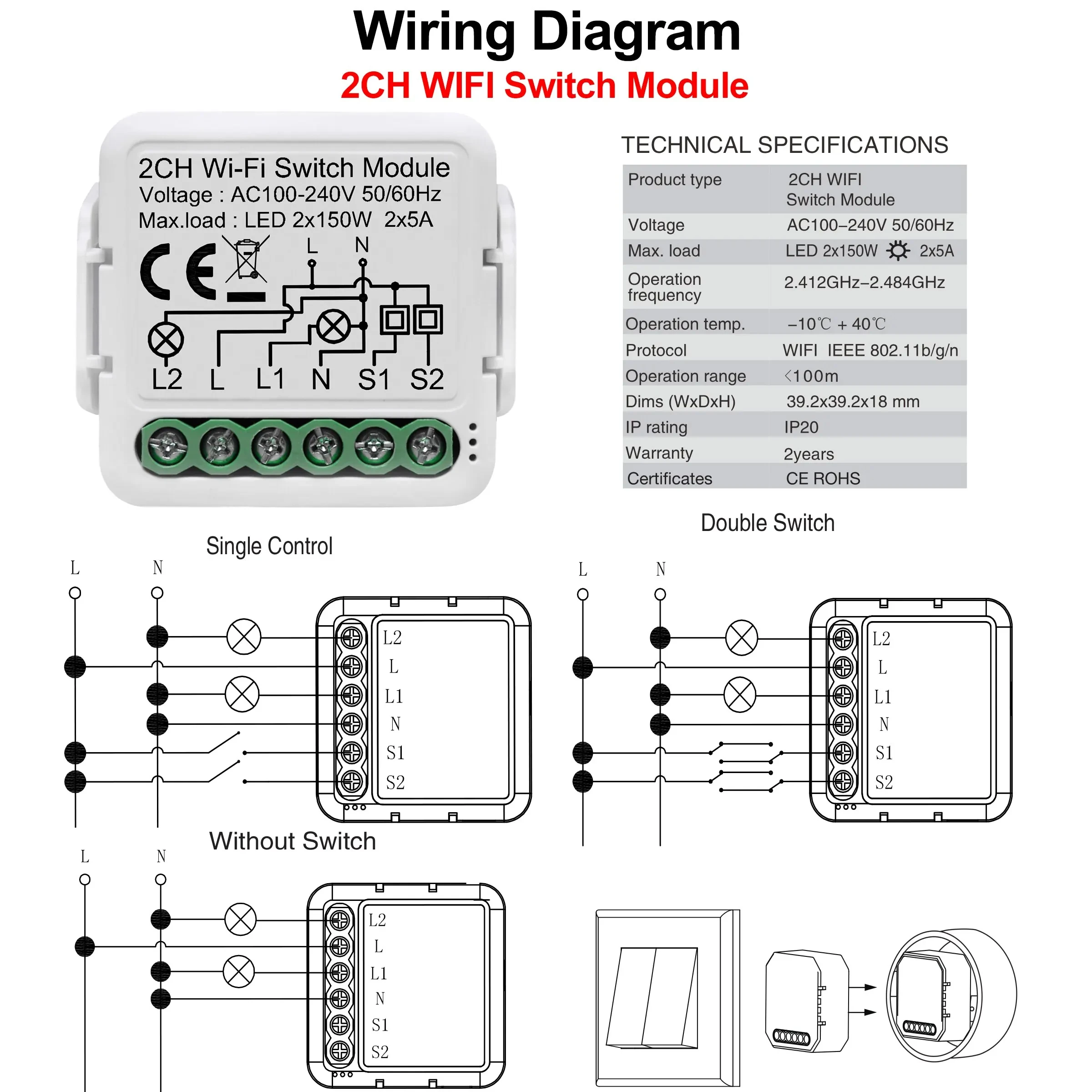 Fire Line & Neutral Line 100-240V AC 2 Channel Tuya Smart WiFi Switch Module Work with Alexa/Google Assistance PST-S02